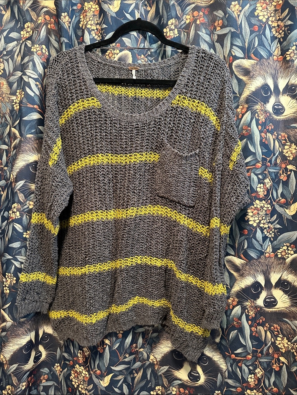 Free People Gray Greenwich Village Open-Knit Sweater with Yellow Stripes Size M